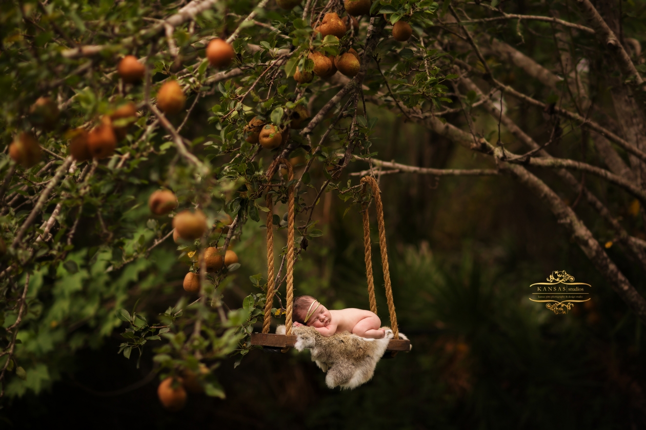 newborn in a fruit tree swing composite