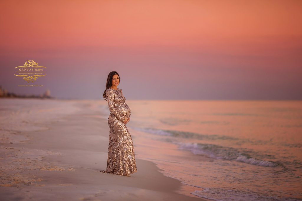 maternity picture at grayton beach at sunset in sequin dress